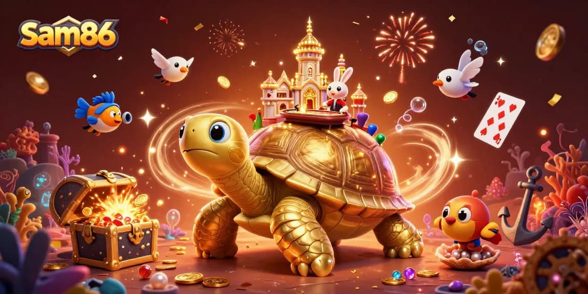 Experience thrilling wins at sam86 as golden tortoise and dealer entertain with card games and treasures.