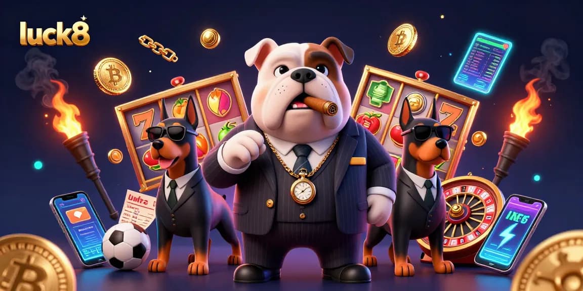 Engage with luck8's vibrant gaming atmosphere featuring a 3D cartoon mafia boss and dynamic casino elements.