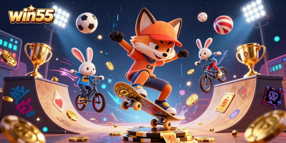 Experience excitement and winning moments with win55 in a vibrant casino-themed scene.