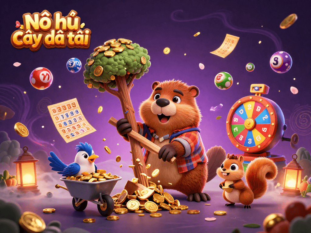 Nổ hũ cây phát tài brings fortune as cartoon beaver chops golden-coin raining tree, amid vibrant gambling symbols