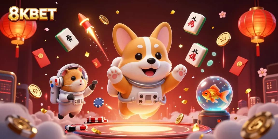 Bet at 8KBET with a cartoon astronaut corgi enjoying a dynamic casino experience in space.