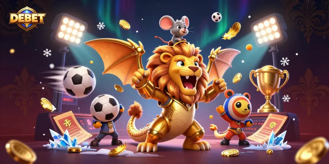 Engage with DEBET's thrilling gaming scene featuring a dynamic chimera and sports betting action.