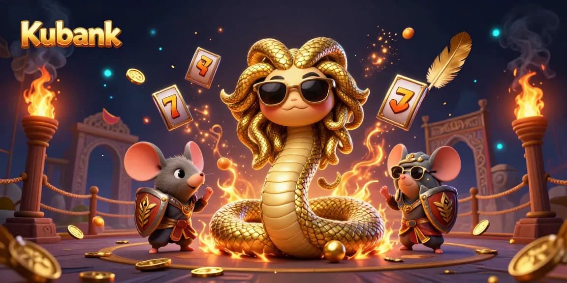 Kubank gaming illustration featuring a cute Medusa and a warrior mouse amidst vibrant casino symbols.