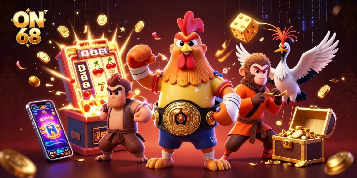 Experience thrilling gameplay and jackpots at ON 68 with vibrant characters and casino elements.