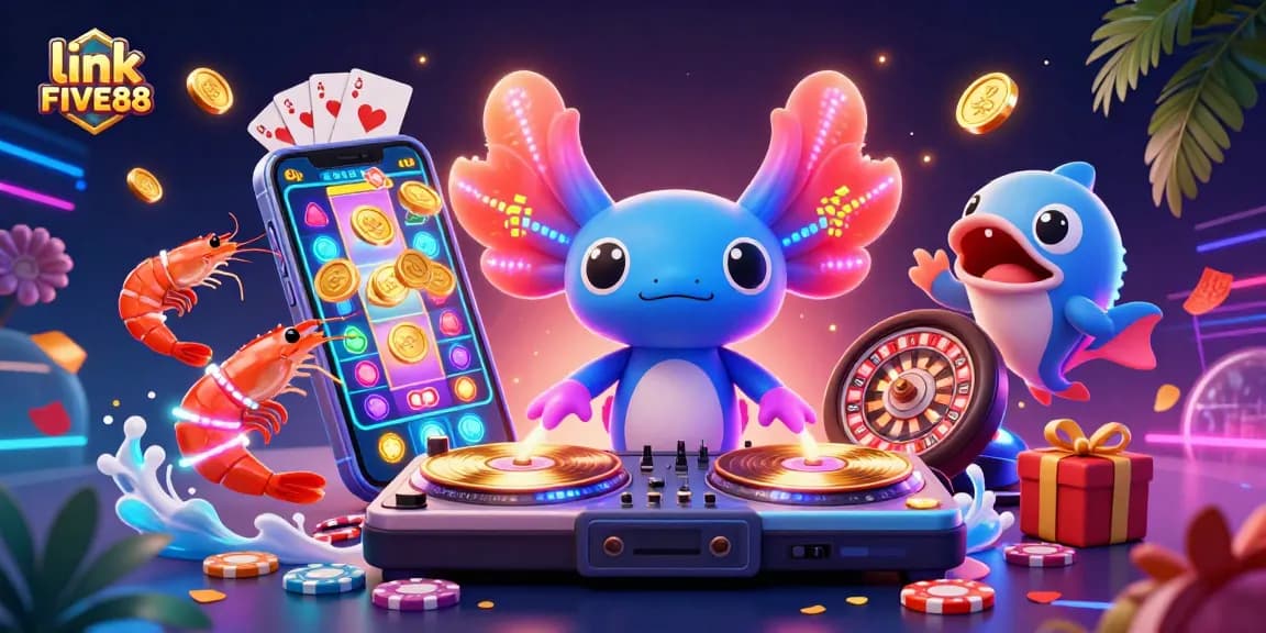 Engage with link FIVE88's vibrant casino experience featuring fun characters and gaming elements.