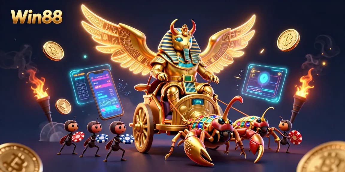 Experience the excitement of Win88 with a vibrant 3D illustration of a casino scene featuring epic characters and thematic elements.