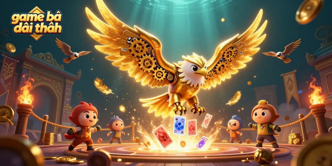 Experience the thrill of game bài đổi thưởng with vibrant holographic cards and a striking golden eagle.