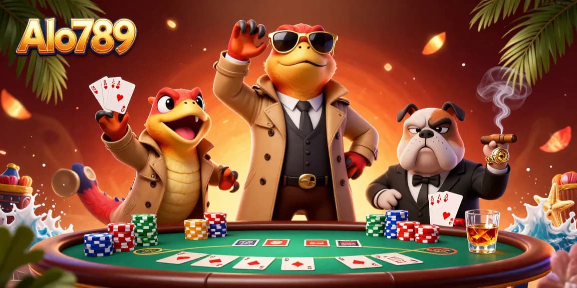 Alo789 raptors sneak into a casino, surrounded by poker elements for an exciting gaming experience.