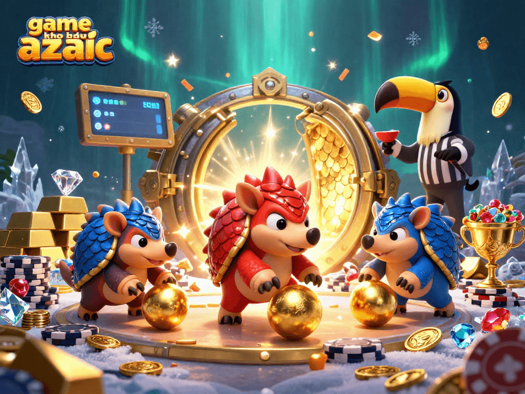 Compete in the game kho báu aztec as rival pangolins roll through golden balls and poker chips in this dynamic casino scene.