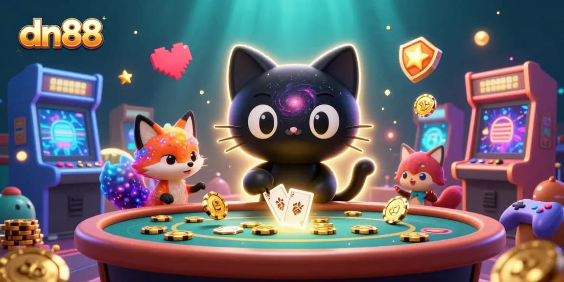 Spin to win at dn88 with the cosmic cat and fox in a vibrant casino scene.