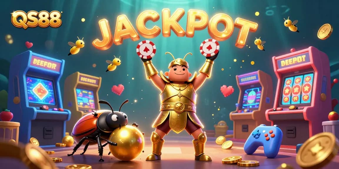 Experience the excitement at QS88 with a 3D beetle champion lifting a poker chip amid a vibrant casino backdrop.