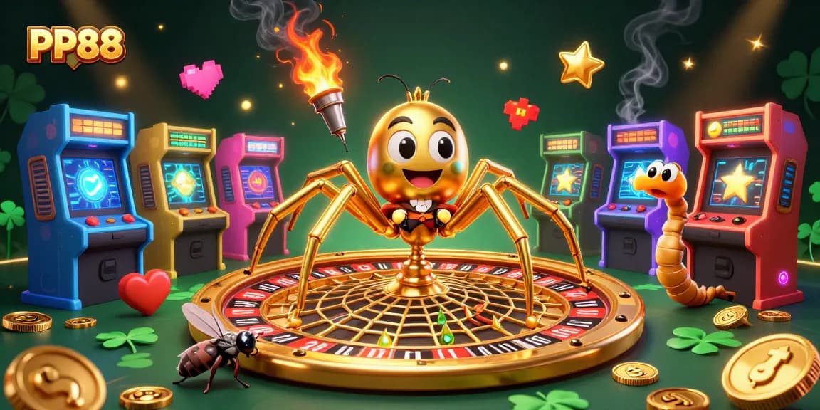 Experience the excitement of PP88 as a spider spins a roulette wheel web for bets.