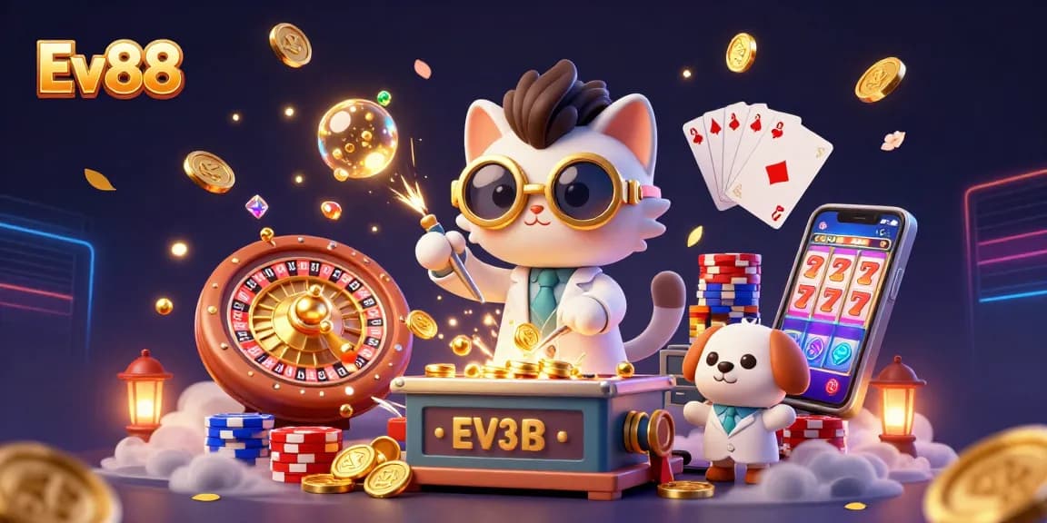 Ev88 thrills with cat scientist and dog assistant creating a jackpot of golden coins in lively casino scene.