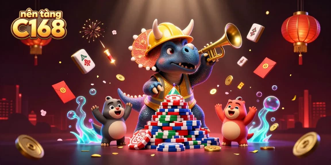 Experience the excitement of nền tảng C168 with a vibrant 3D illustration capturing dynamic casino action.
