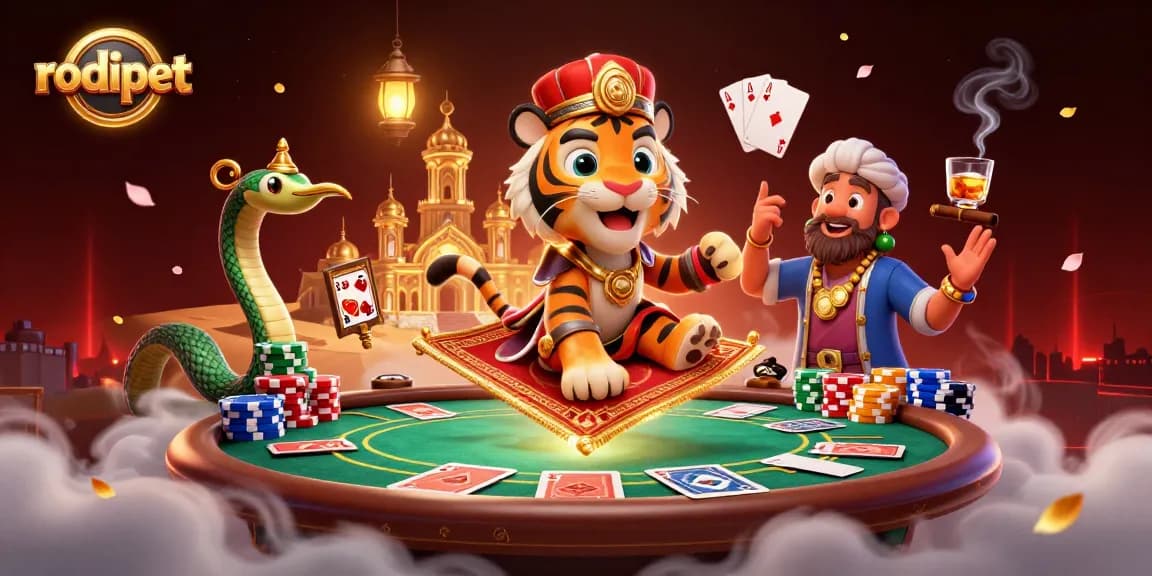 Experience exhilarating gameplay with rodipet's vibrant casino scene featuring a tiger sultan on a magical flying carpet.