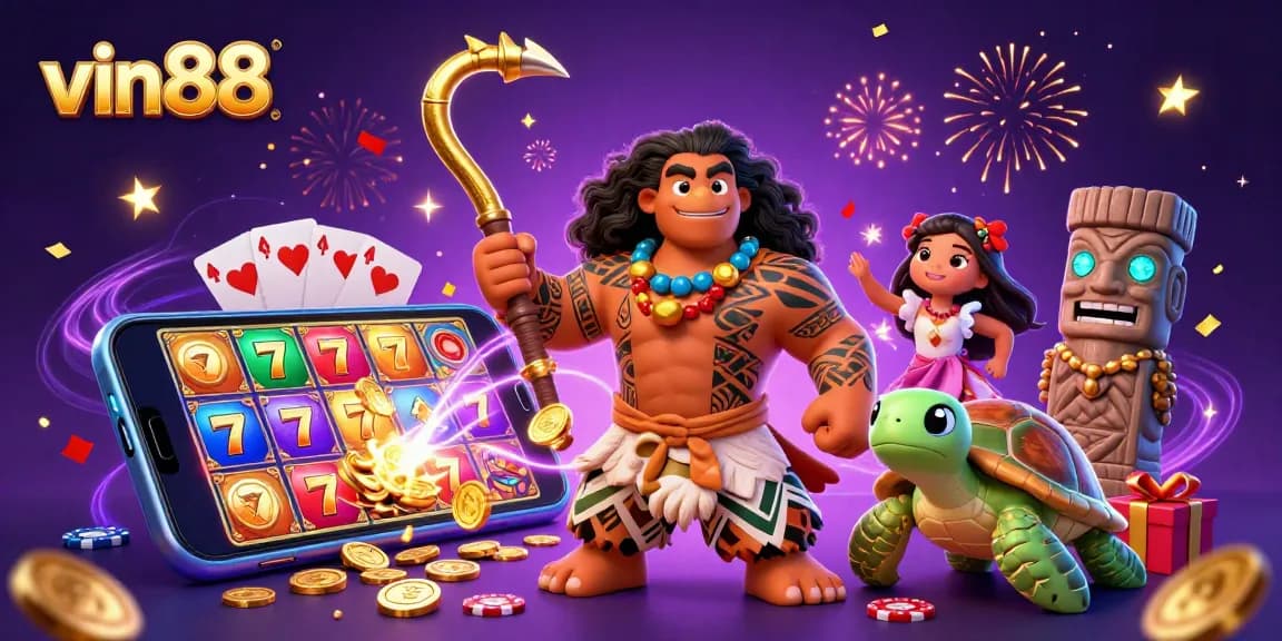 Experience vin88’s vibrant gaming scene showcasing exciting slots, golden fish hook, and magical elements.