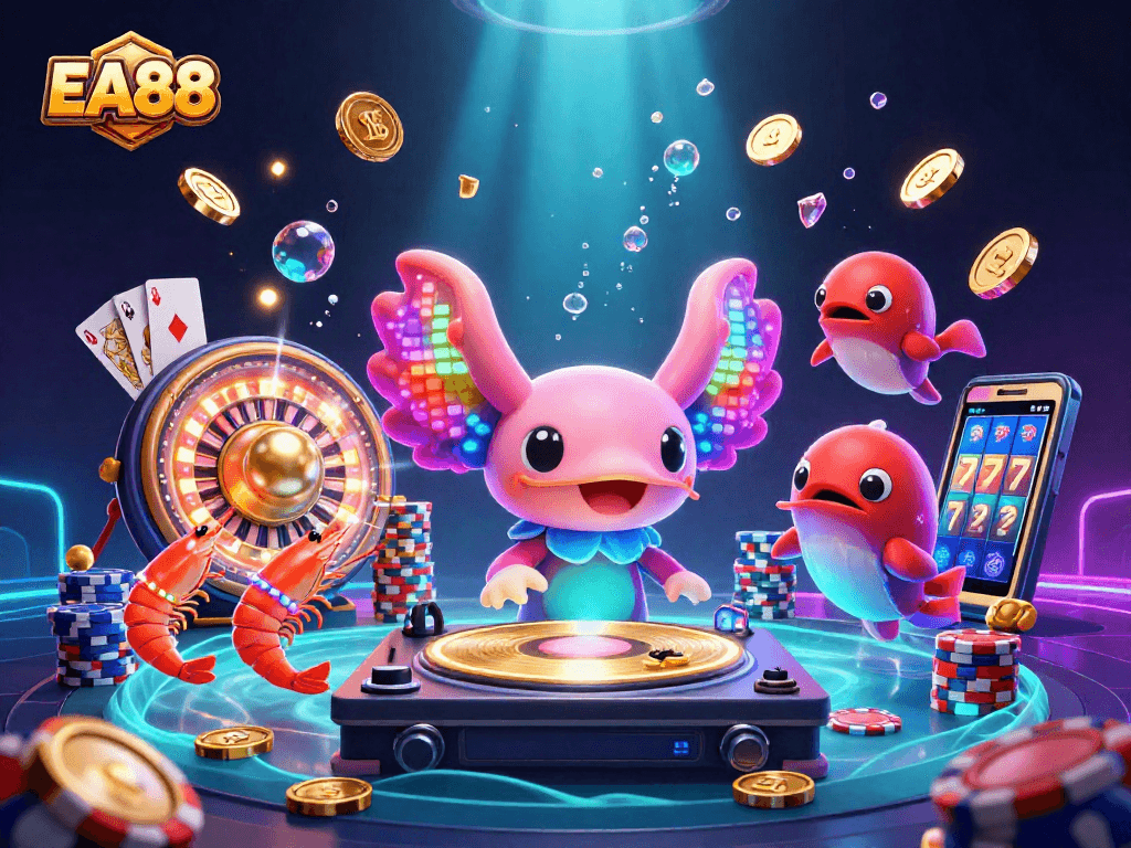 Immerse in EA88's vibrant casino experience, featuring a neon axolotl DJ and exciting gameplay elements.