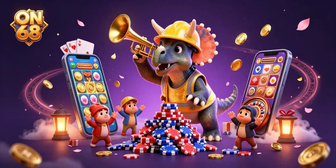 Experience the thrill of ON 68 with a vibrant 3D casino scene featuring colorful gaming elements and animated characters.