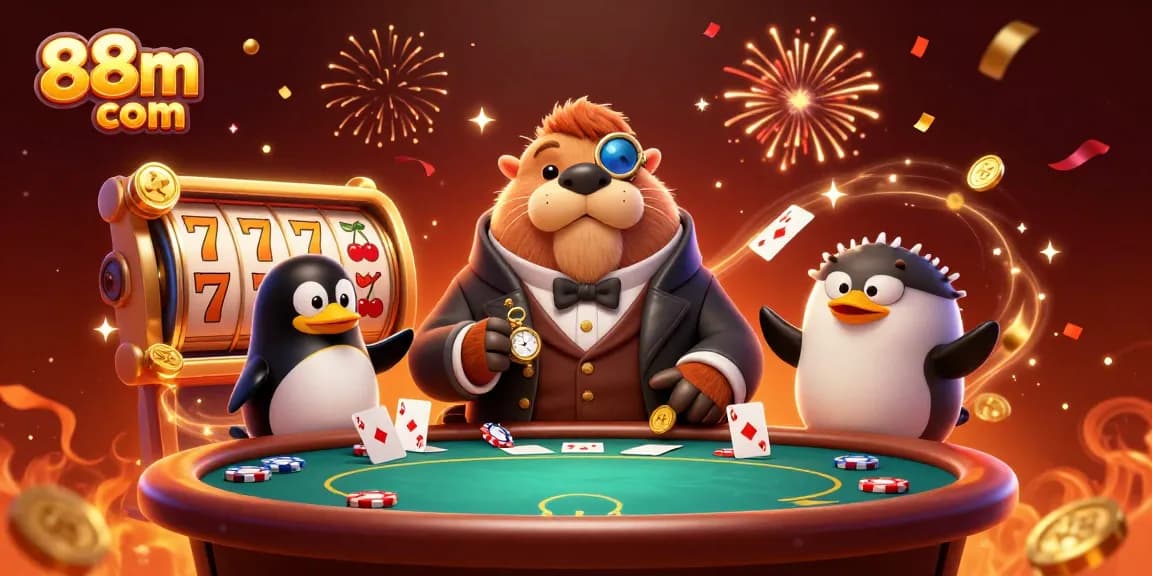 Experience exciting gameplay at 88m com with a jolly walrus and penguin in a vibrant casino scene.