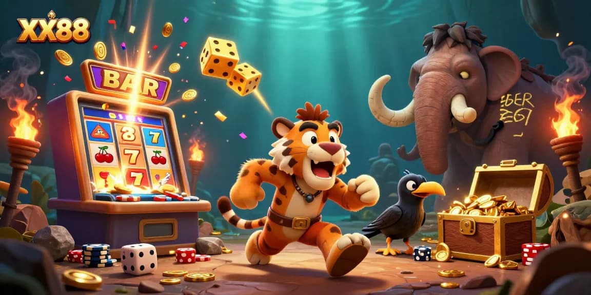 Experience the excitement of XX88 with a lively prehistoric casino theme featuring dynamic characters and games.