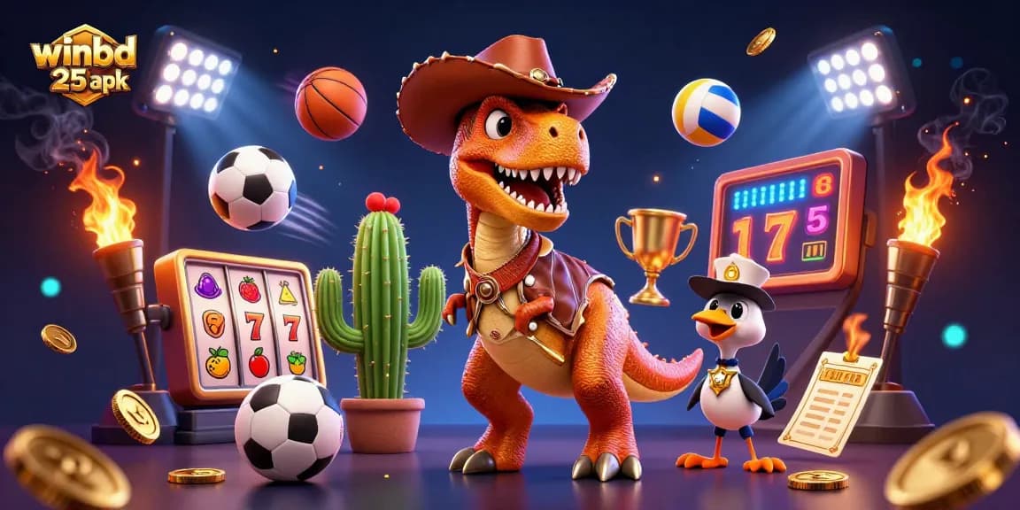 Winbd 25 apk showcases a vibrant 3D casino scene with a T-Rex and casino elements.