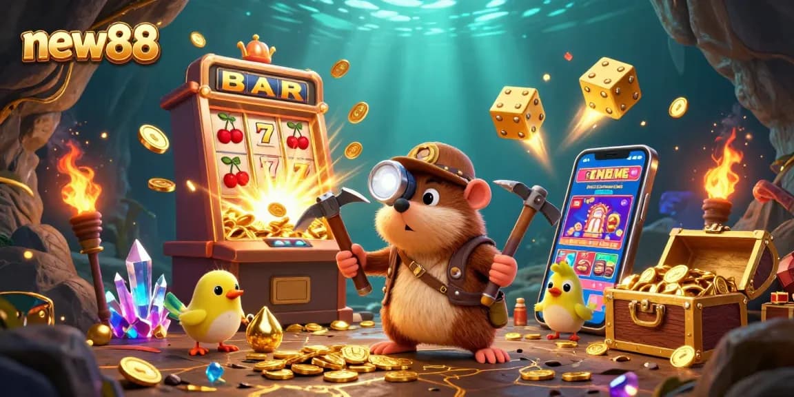 Join the adventure at new88 with a treasure hunt scene featuring gold, gems, and a jackpot-filled slot machine.