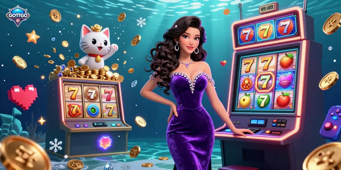 Rayakan kemenangan di GOTOTO dengan pemandangan jackpot yang menakjubkan menampilkan wanita glamor dan kucing keberuntungan.