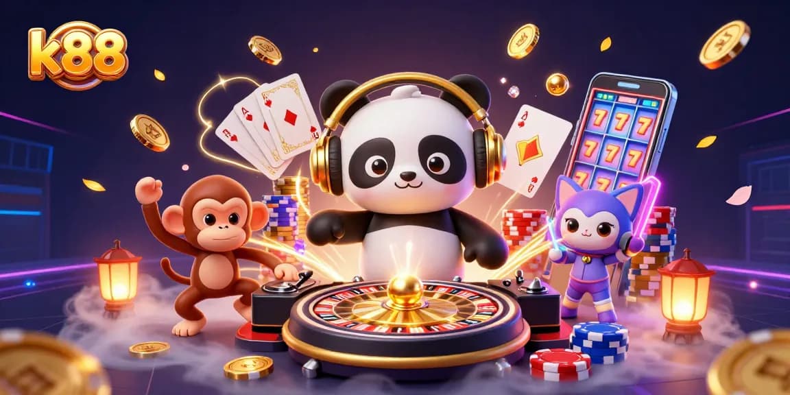 Engage in thrilling gaming at k88 with a wild 3D DJ panda, playful monkey, and glowing kitten.