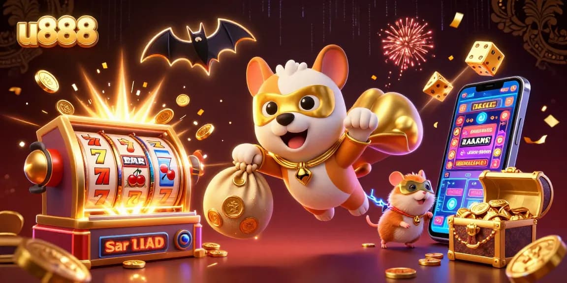 u888 slots jackpot scene with a superhero dog and hamster amidst wild casino elements