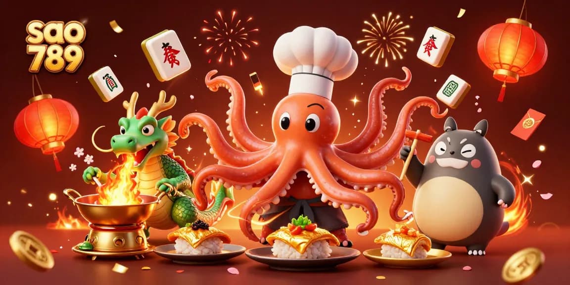 Savor the excitement of sao 789 with an energetic illustration featuring a sushi chef octopus, a fire-breathing dragon, and a tanuki in a dynamic casino scene.