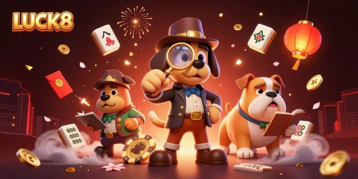 Engage with LUCK8 as a detective explores treasure clues amid vibrant casino elements.