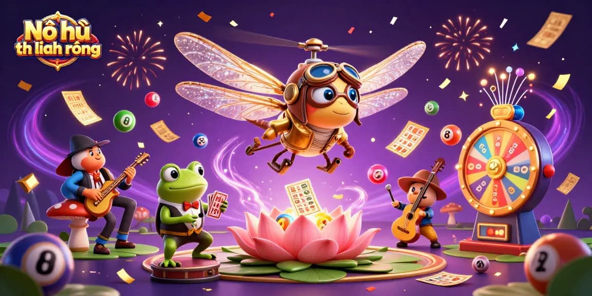 Nổ hũ thủ lĩnh rồng showcases a vibrant casino scene with a dragonfly pilot and frog dealer amidst colorful lottery elements.