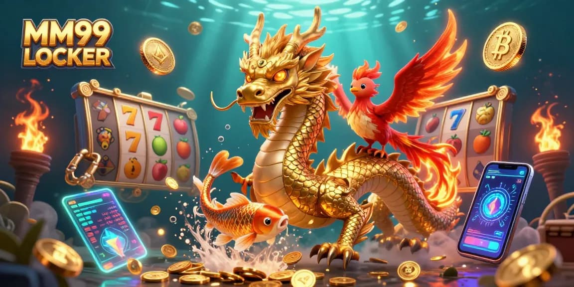 Experience the thrill of gaming at MM99 LOCKER with vibrant slot reels and a dynamic underwater scene.