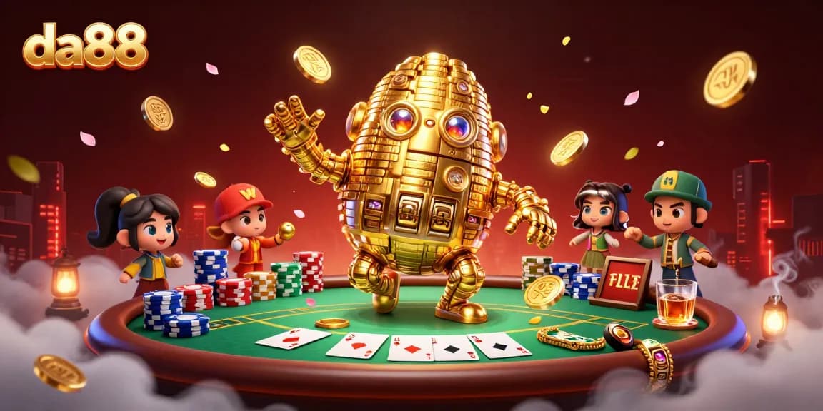 Engage with da88 as the golden golem captivates players at a vibrant poker table