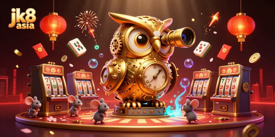 Experience the thrill of jk8 asia with golden slot machines and festive decorations in this vibrant illustration.