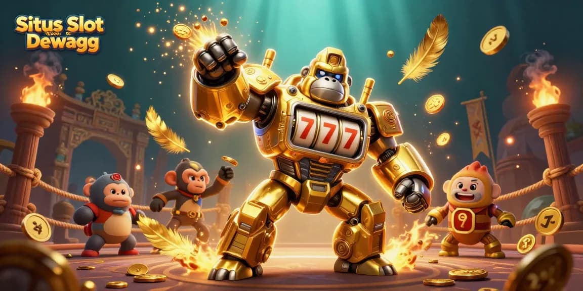 Experience Situs Slot Gacor Dewagg with a golden gorilla mech smashing through coins and winning jackpots!