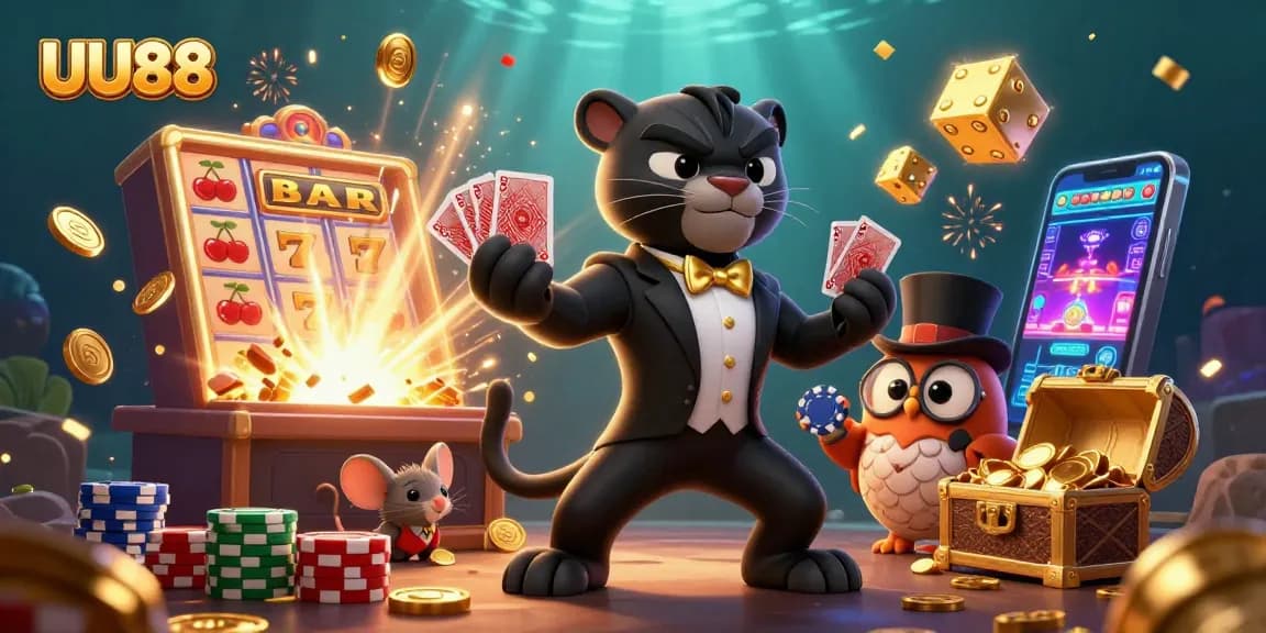 UU88 depicts a lively scene of a panther dealer, an owl, and a mouse amidst casino excitement.