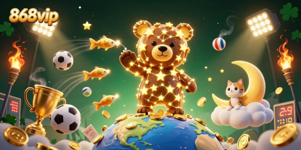 Experience 868vip's dynamic gaming world with golden stars scooping coins and vibrant sports elements.
