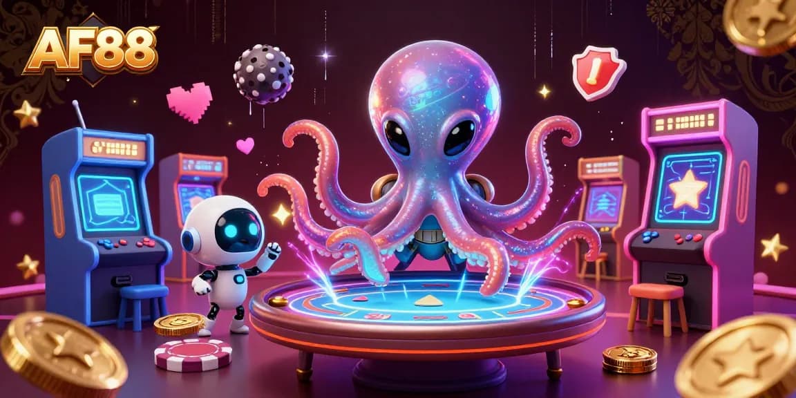 Experience AF88 with an alien octopus dealer at a vibrant poker table in space.