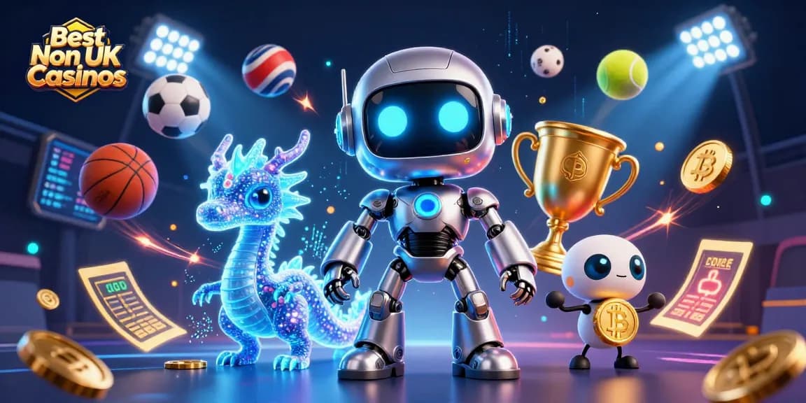 Experience the thrill of the Best Non UK Casinos with a dynamic 3D casino scene featuring vibrant characters and game elements.