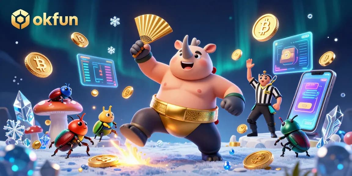 Bet on fun with okfun's vibrant 3D illustration featuring a sumo beetle champion and crypto elements.