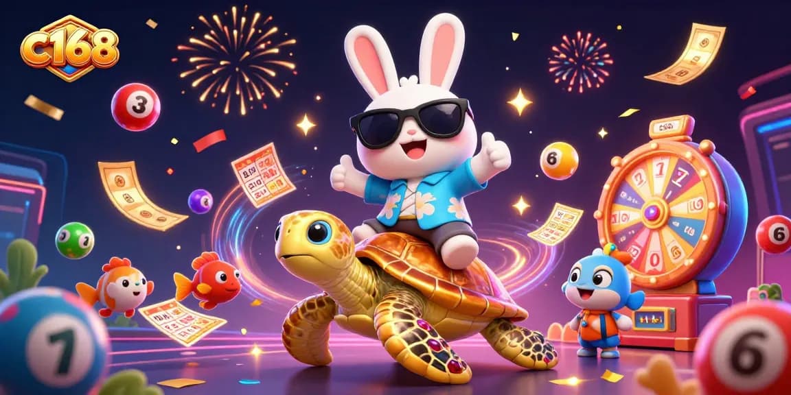 Join the fun with c168 as the lucky rabbit rides a golden turtle amidst vibrant gambling elements.