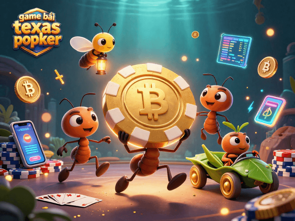Engage in game bài texas poker with cartoon ants heisting a giant chip, surrounded by digital crypto elements.