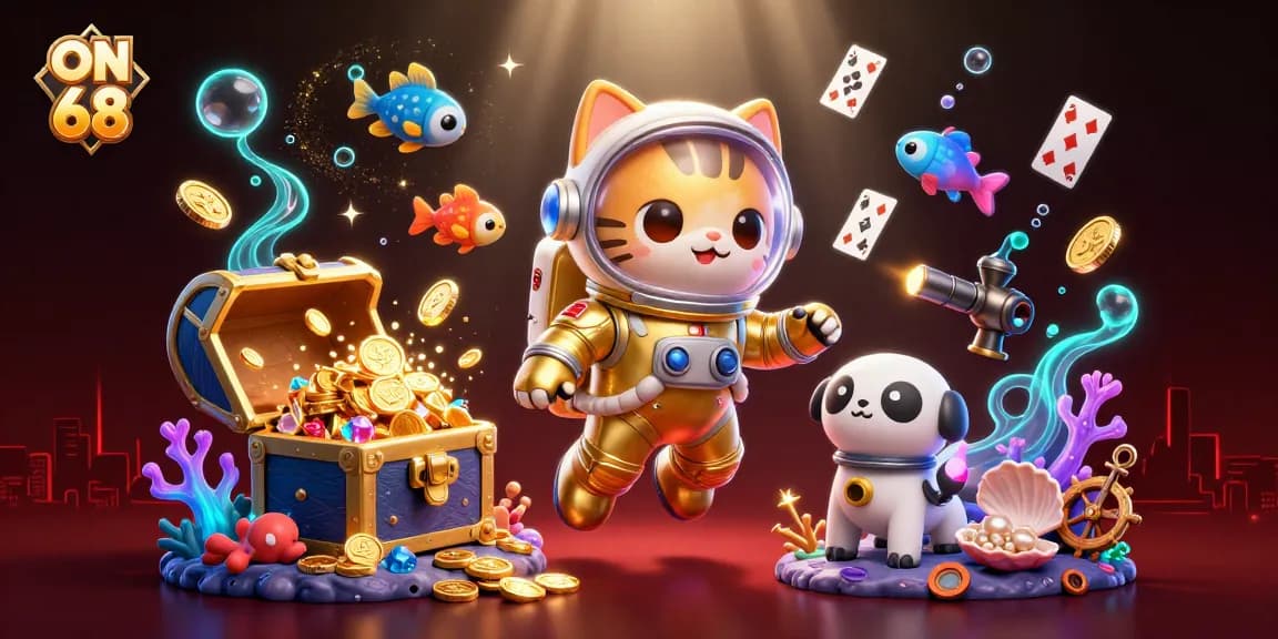 Experience gaming thrills at ON 68 with vibrant 3D casino elements highlighting immersive action and excitement.