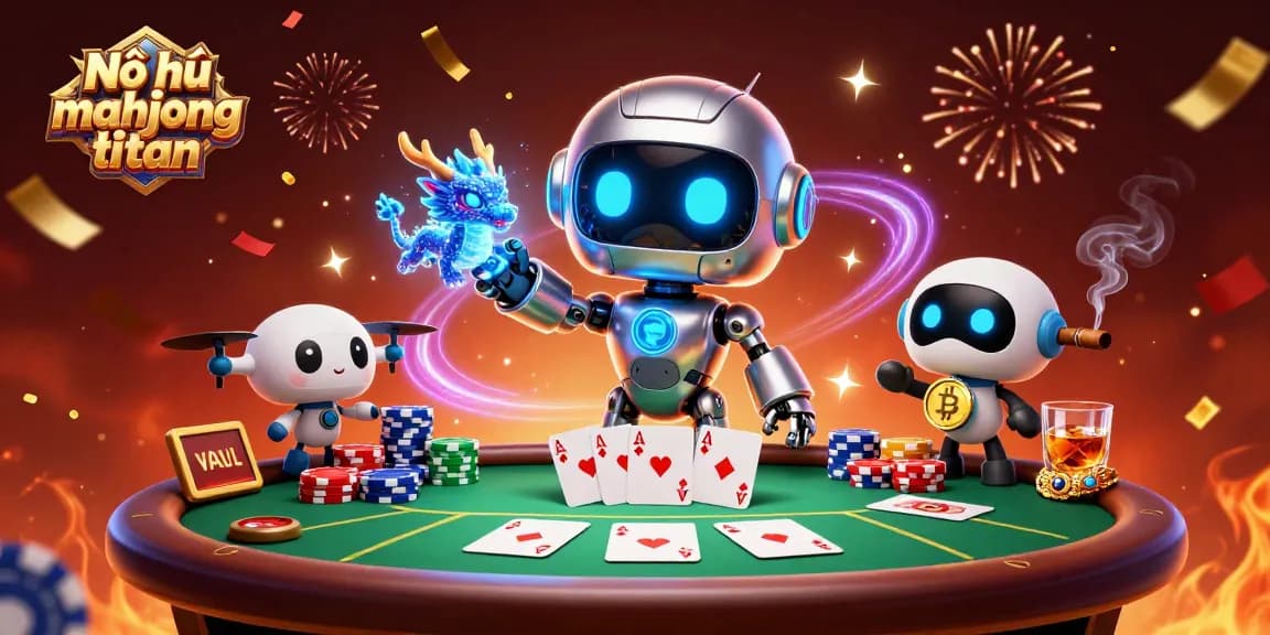 Engage in Nổ hũ mahjong titan with thrilling gameplay illustrated through cyberpunk robot and AI elements.