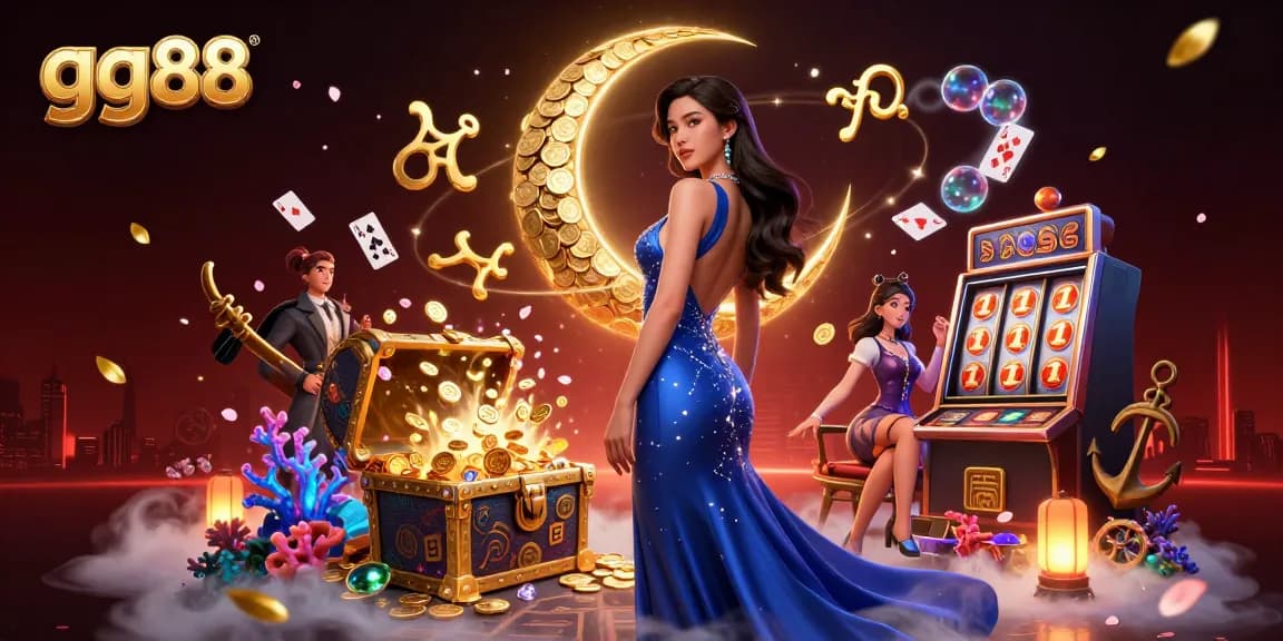 Experience the excitement of gg88 with a captivating casino scene featuring slot machines and gold coins.
