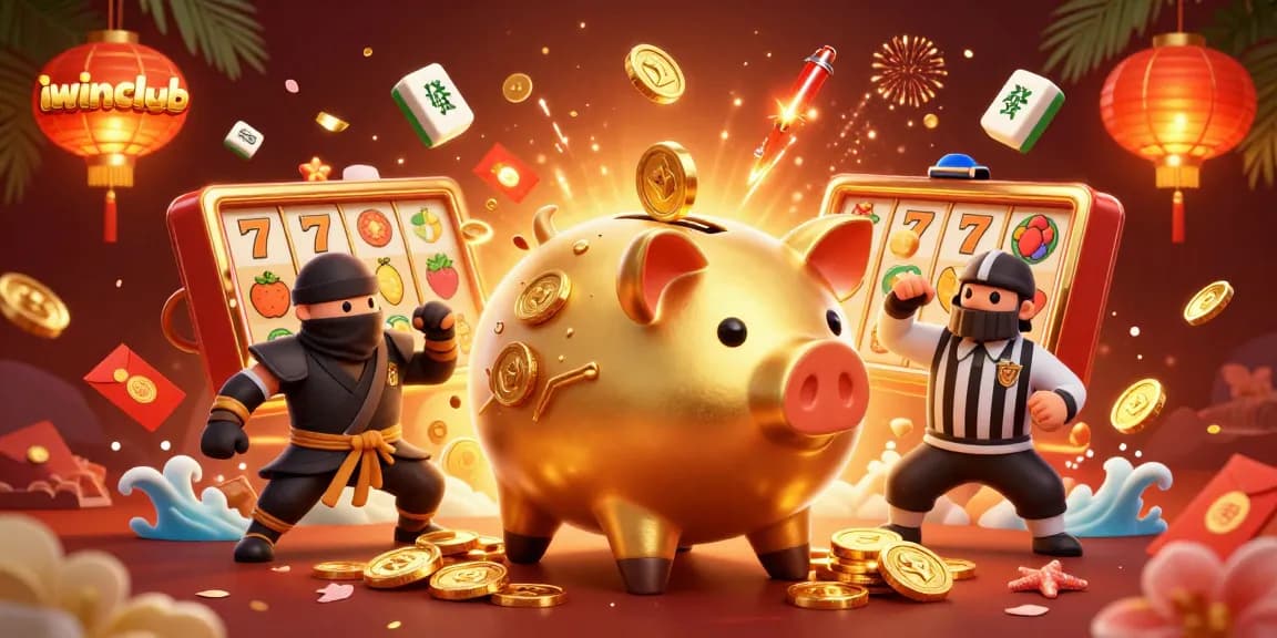 Experience excitement at iwinclub with a golden piggy bank wrestling action in a vibrant casino scene.