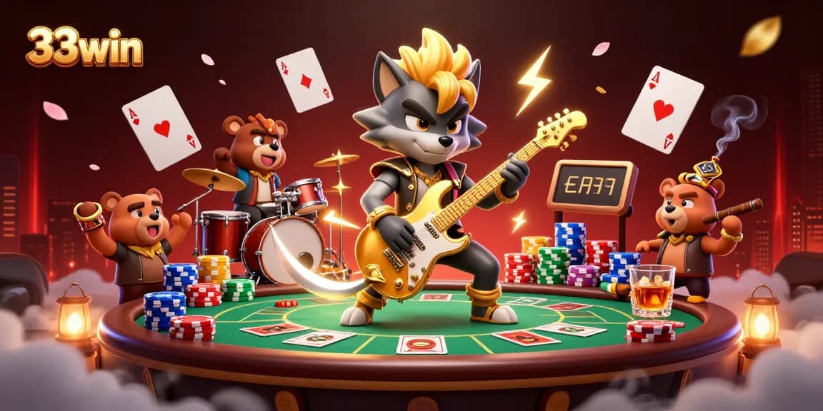 Engage in thrilling casino action with 33win featuring a rock star wolf and vibrant poker elements.