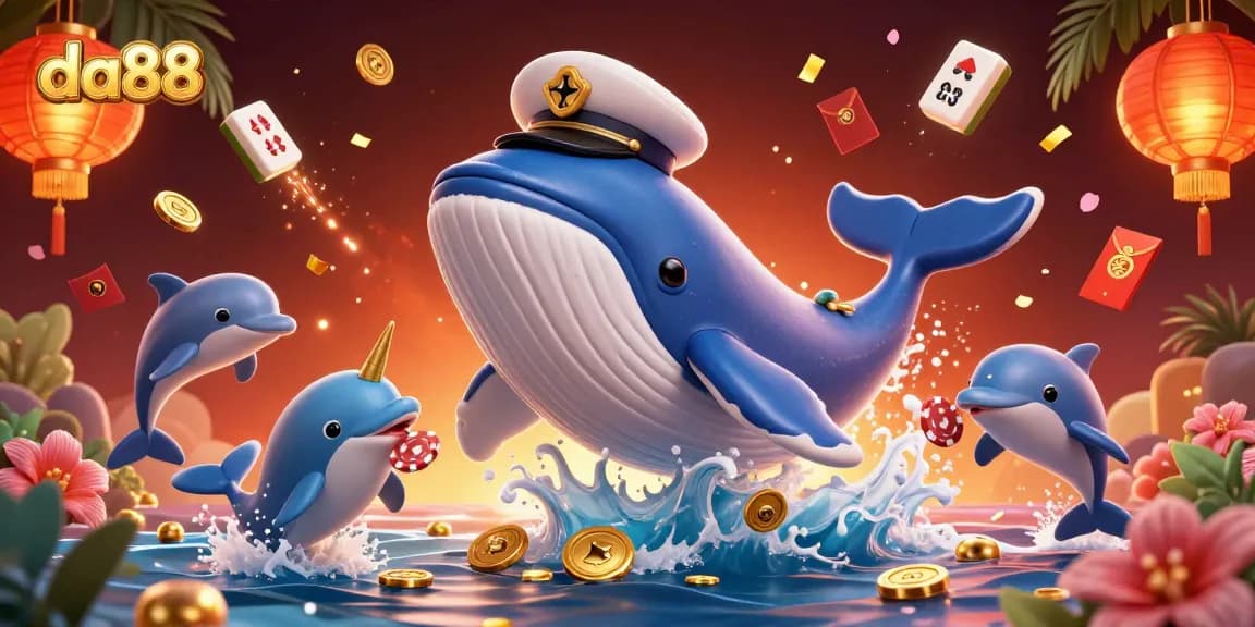 Experience thrilling wins at da88 with playful dolphins and a mighty whale in a vibrant 3D casino scene.