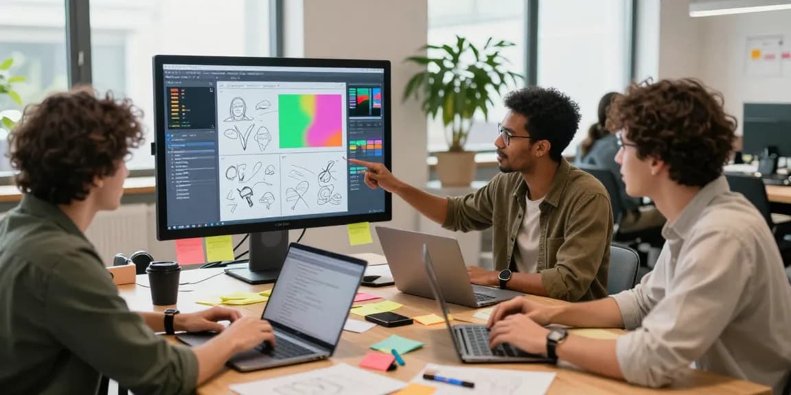Team brainstorming with mixboard ai on digital canvas in a vibrant workspace